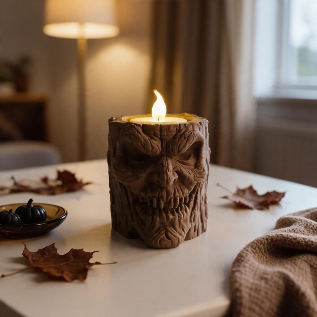 Home porta vela tronco arvore halloween vela acesa